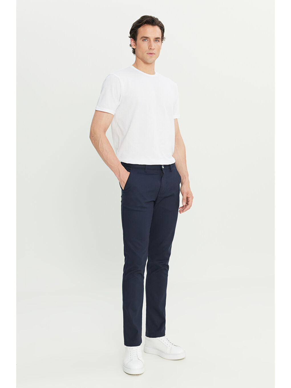 Erkek Lacivert Pamuklu Slim Fit Dar Kesim Armürlü Yan Cepli Casual Pantolon-1