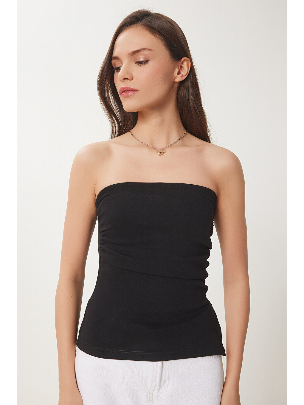 Siyah Büzgülü Straplez Örme Bluz SİYAH LNS0037-2