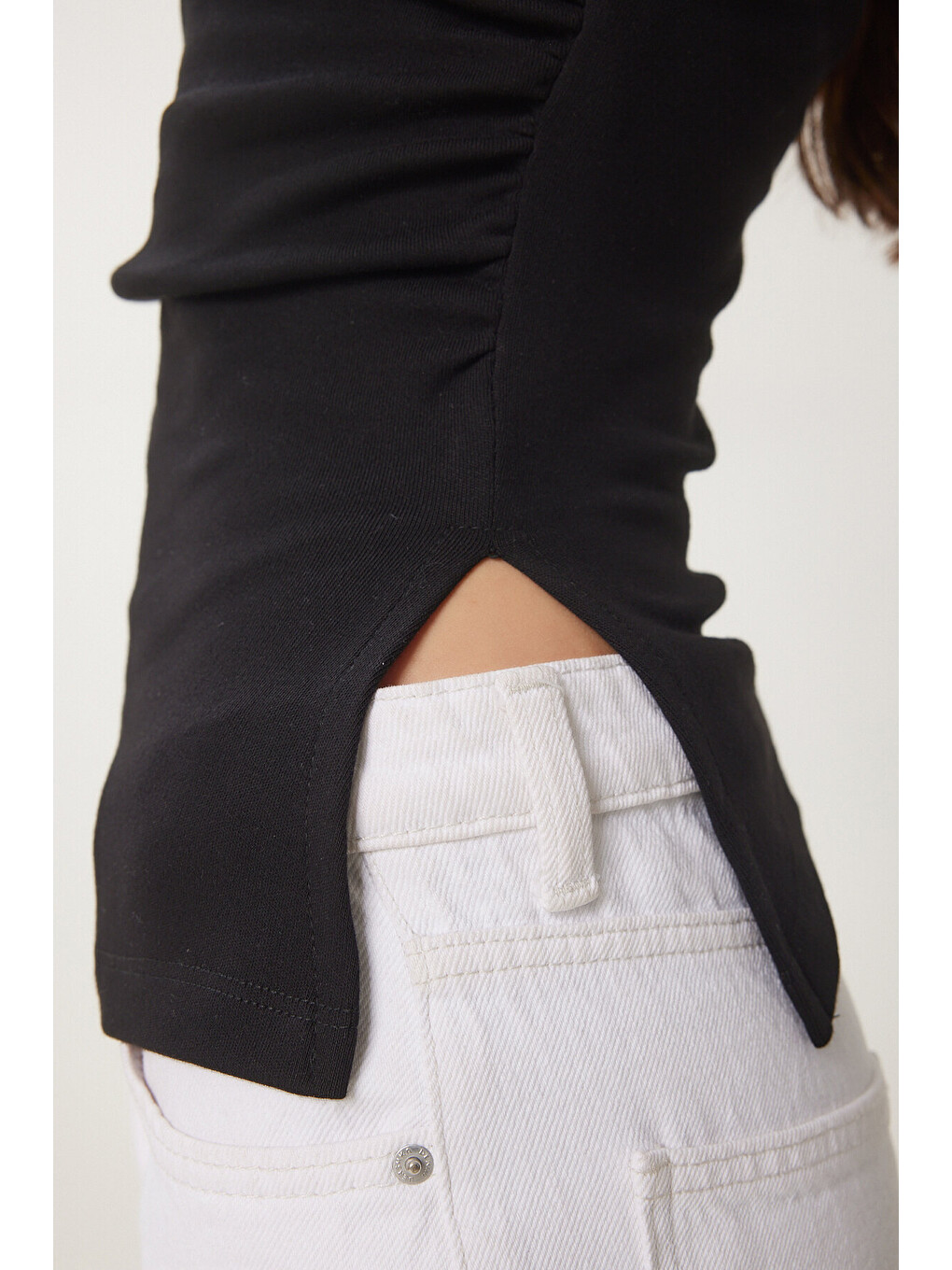 Siyah Büzgülü Straplez Örme Bluz SİYAH LNS0037-3