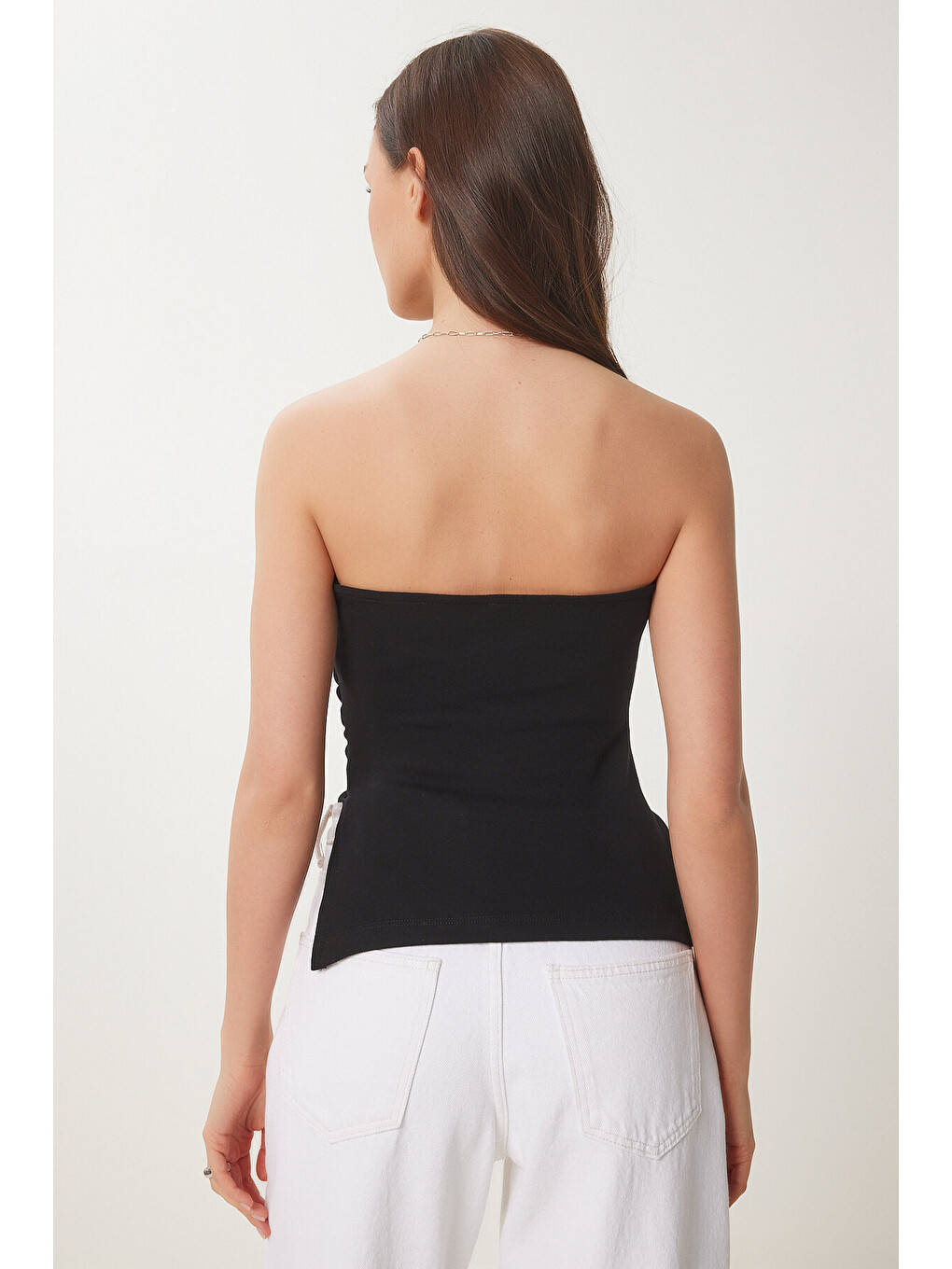 Siyah Büzgülü Straplez Örme Bluz SİYAH LNS0037-4