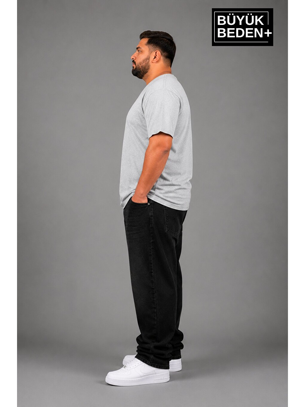 Gri Büyük Beden Erkek V Yaka Pamuklu Basic Tişört Lacivert 3XL-6XL SPR26BTS509-1