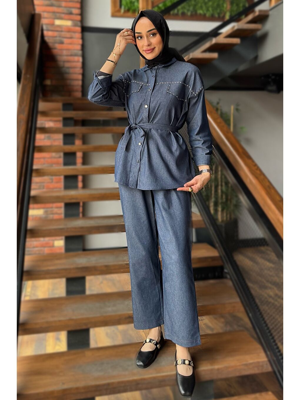 Mavi Kadın Taş İşlemeli Kuşaklı Tesettür Jean Tunik Pantolon İkili Takım-1