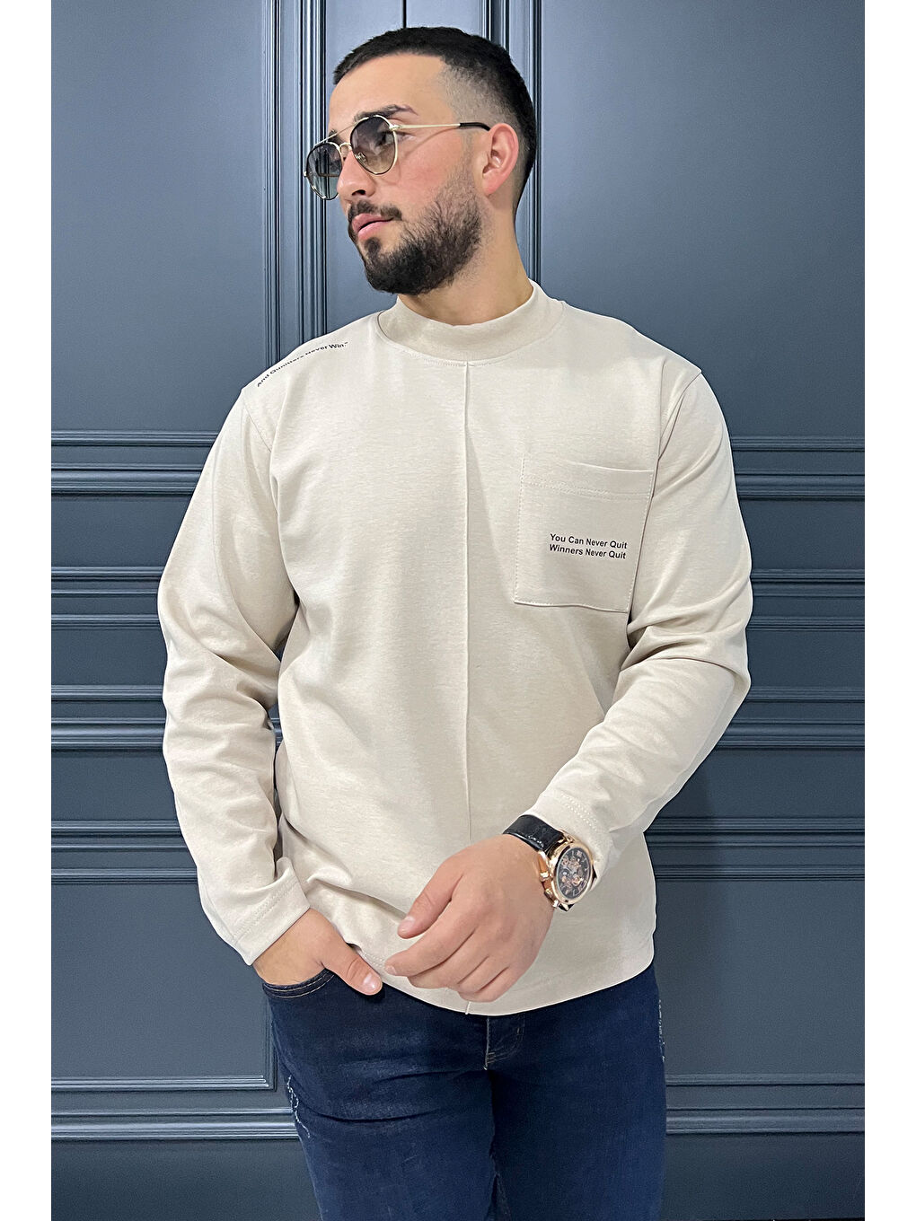 Mishar İtalia Bej Yazı Baskılı Cepli Double Face Erkek Sweatshirt - 1