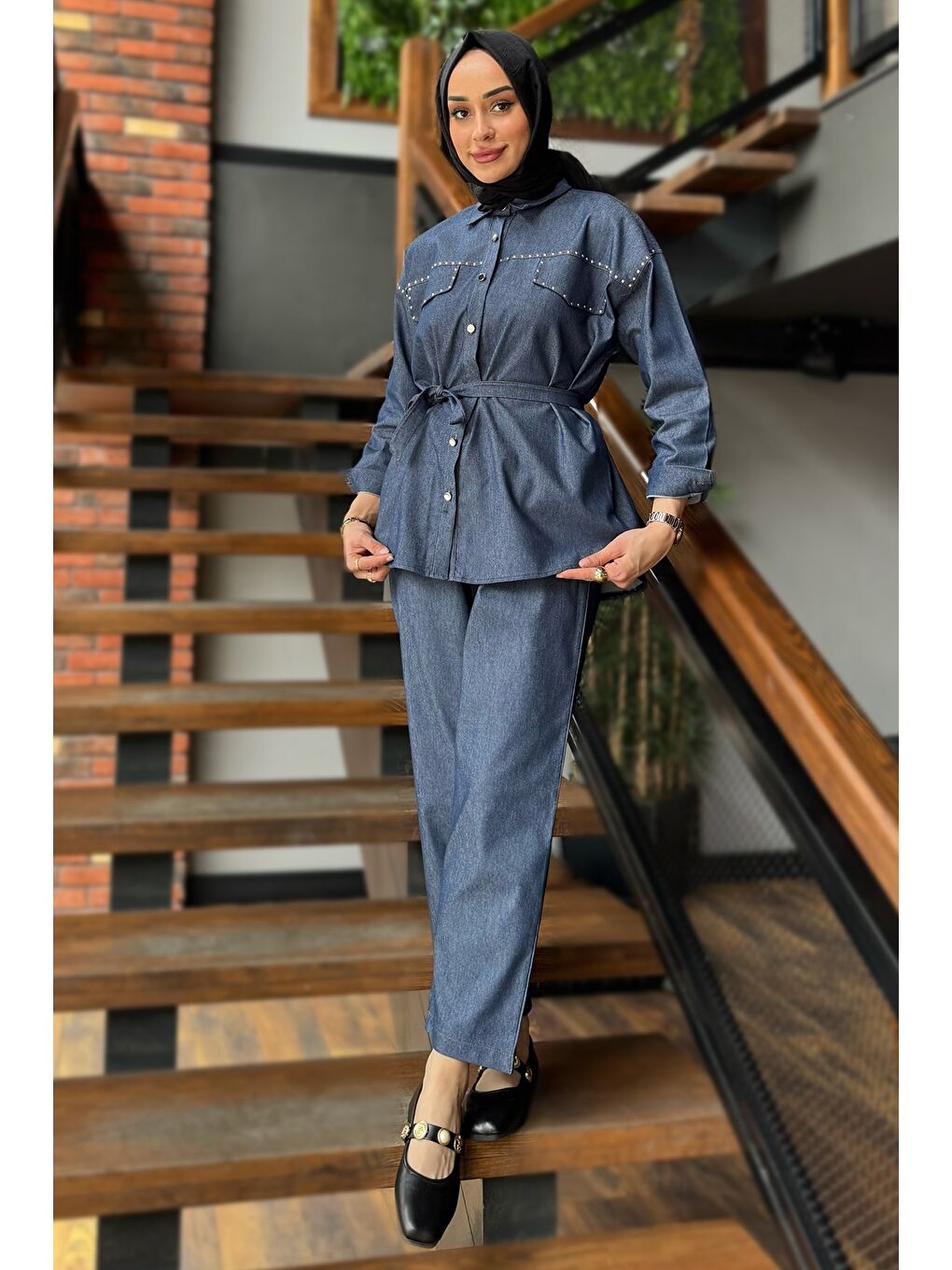 Mavi Kadın Taş İşlemeli Kuşaklı Tesettür Jean Tunik Pantolon İkili Takım-2