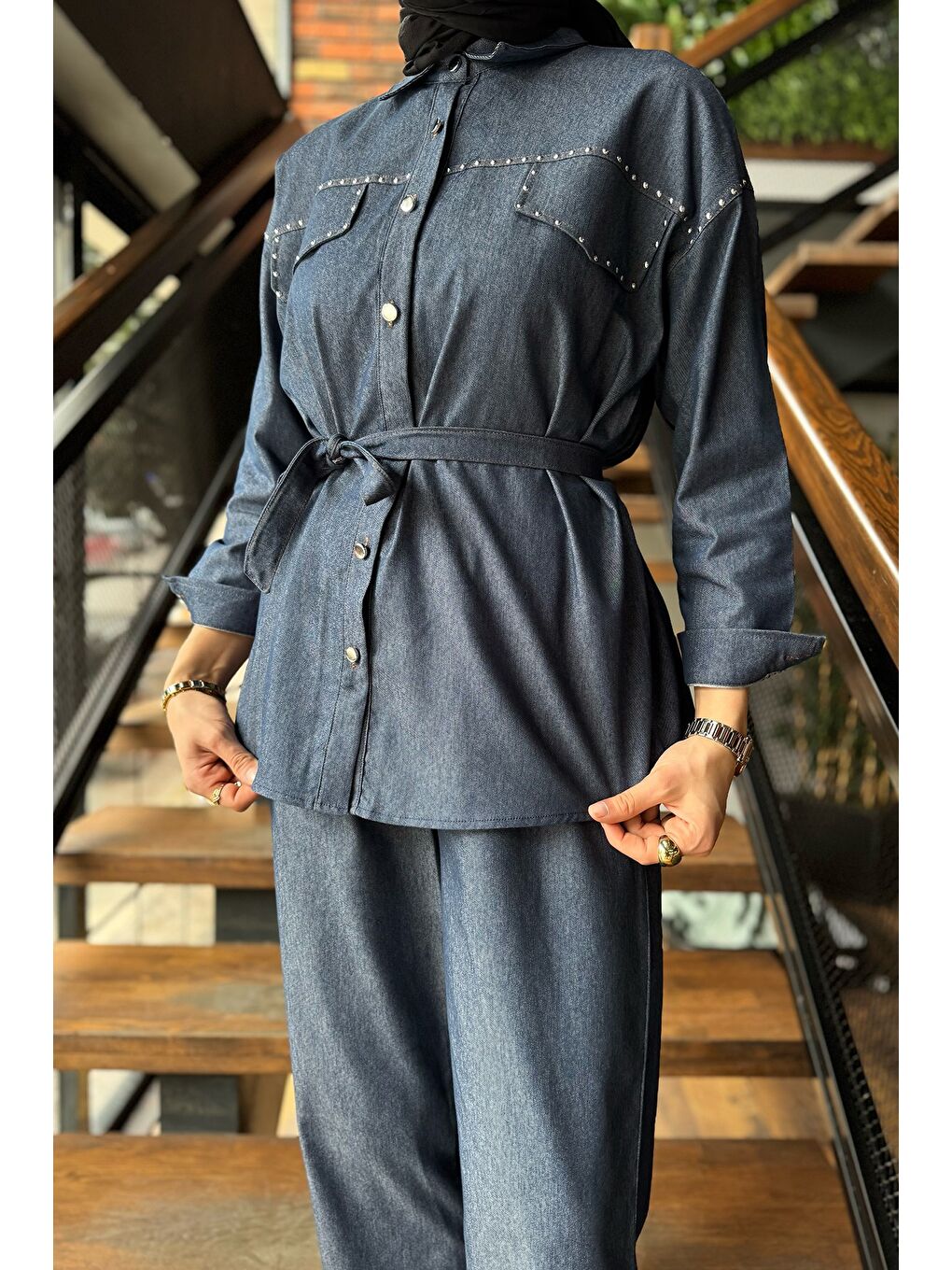 Mavi Kadın Taş İşlemeli Kuşaklı Tesettür Jean Tunik Pantolon İkili Takım-4