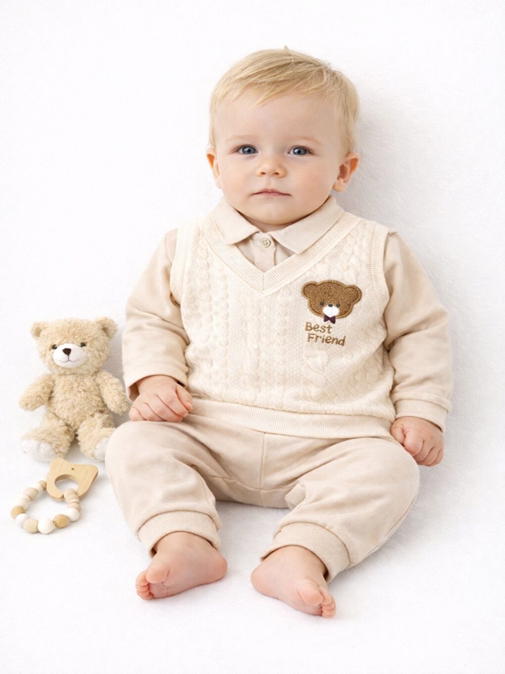 Bej Erkek Bebek 2’li Takım Triko Süveter Detaylı Ayıcıklı Uzun Kollu Alt Üst Set-2