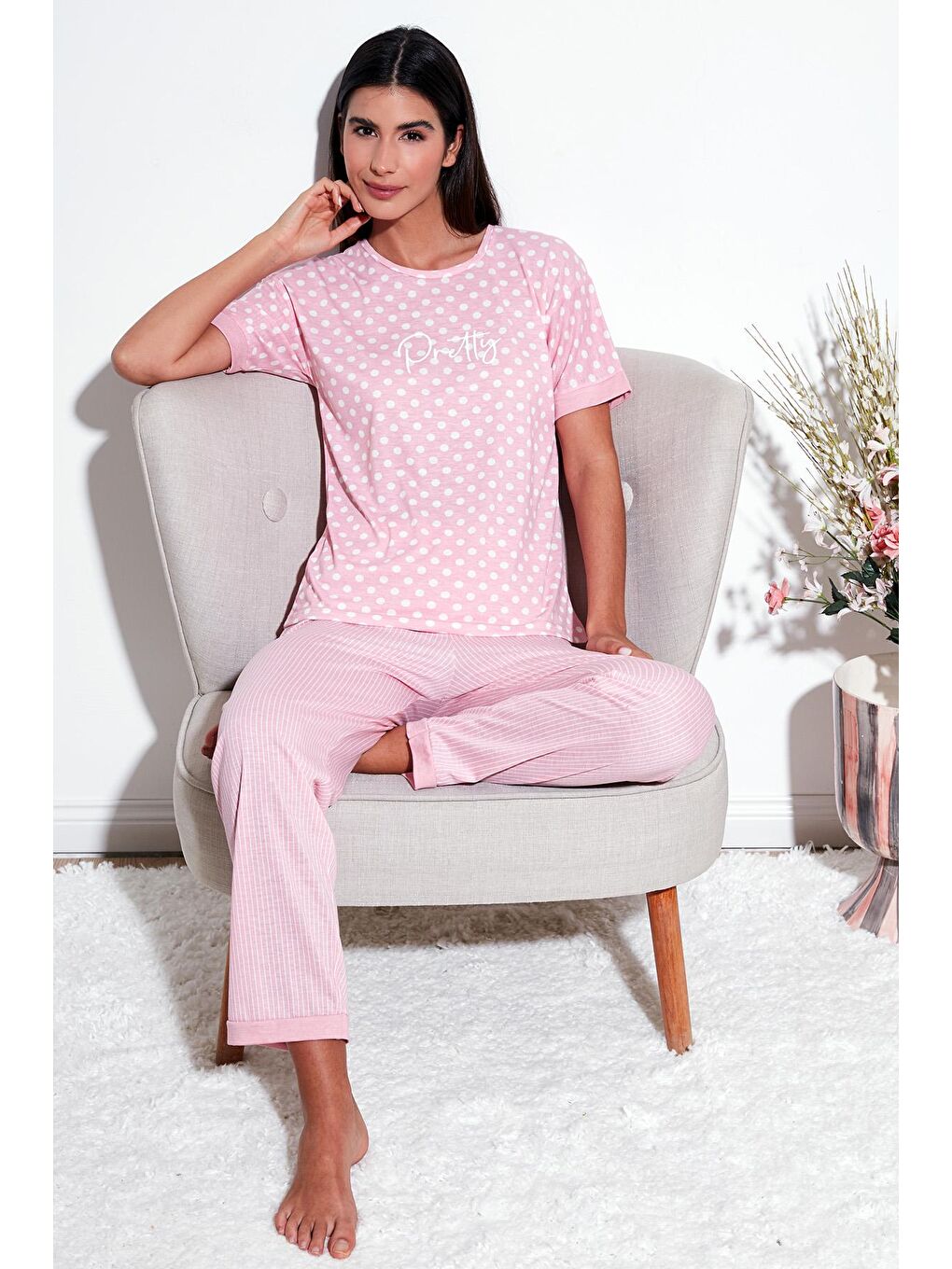 Lela Pudra Pembe Regular Fit Bisiklet Yaka Kısa Kollu Pijama Takımı 65790130