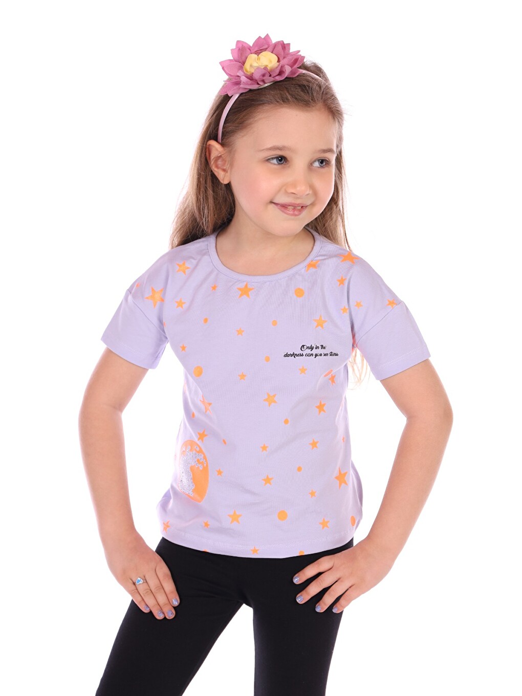 Lila Kız Bebek Önü Simli Yıldız Baskılı Tişört
