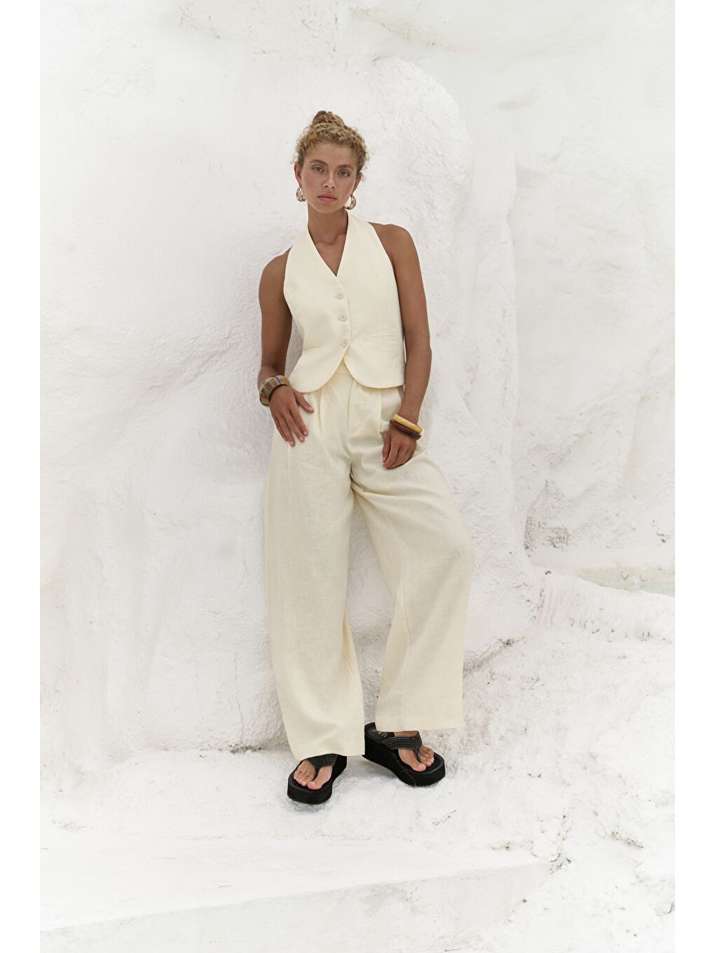 Dena Sırt Dekolteli Sarı Keten Yelek Pantolon Takım-1