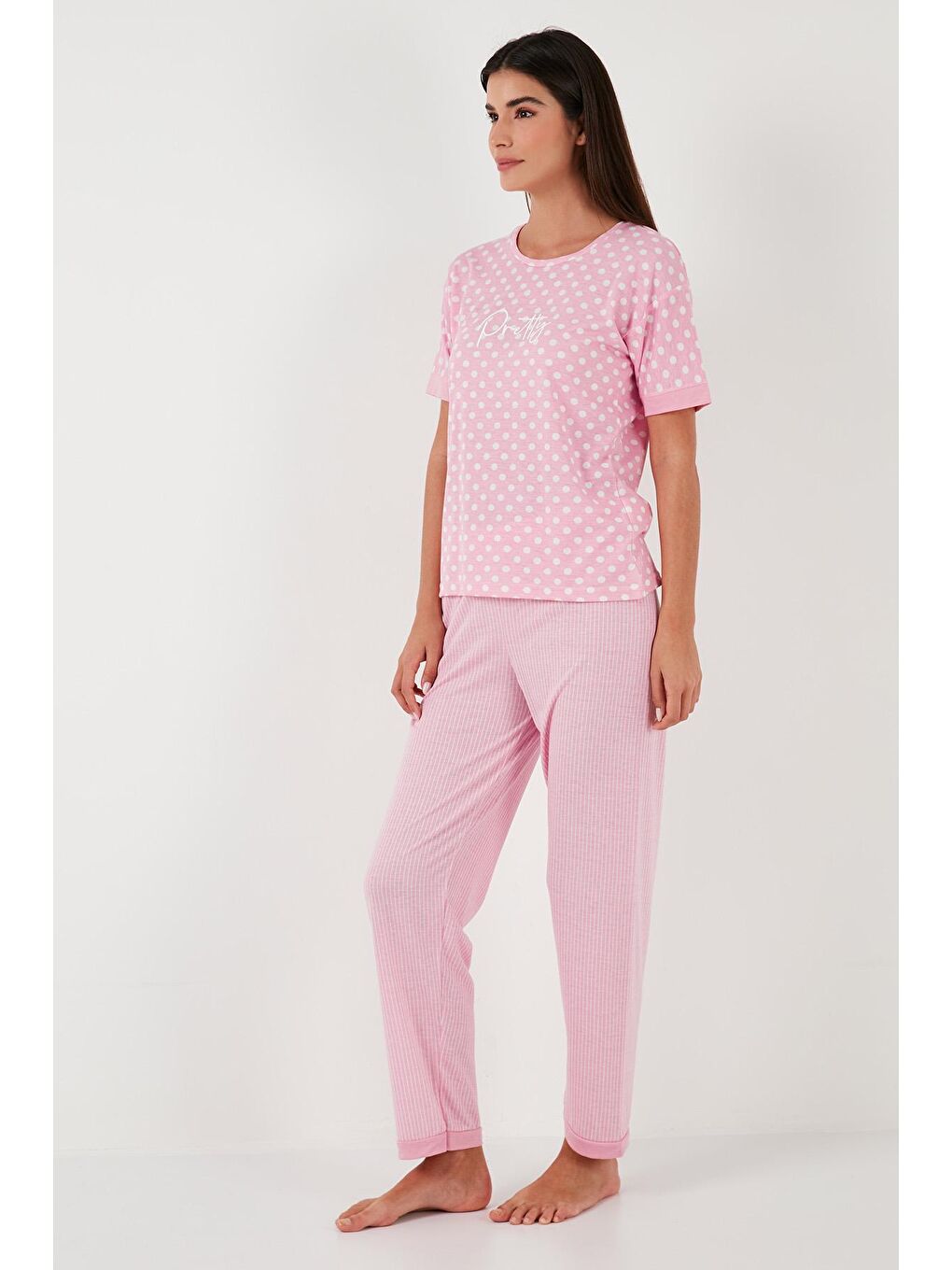 Lela Pudra Pembe Regular Fit Bisiklet Yaka Kısa Kollu Pijama Takımı 65790130 - 2