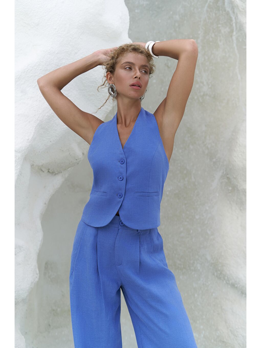 Dena Sırt Dekolteli Saks Mavi Keten Yelek Pantolon Takım-1