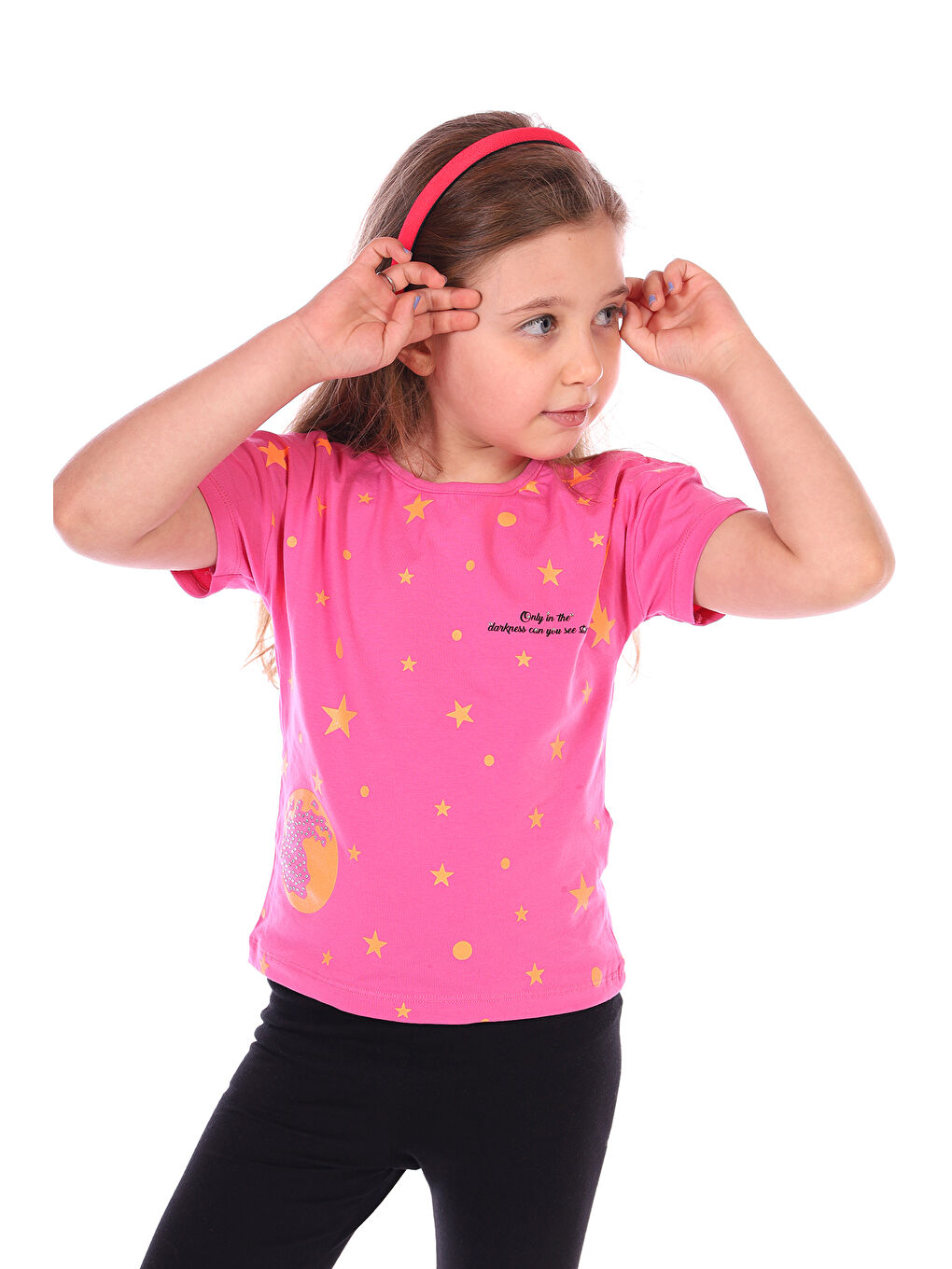 Fuşya Kız Bebek Önü Simli Yıldız Baskılı Tişört