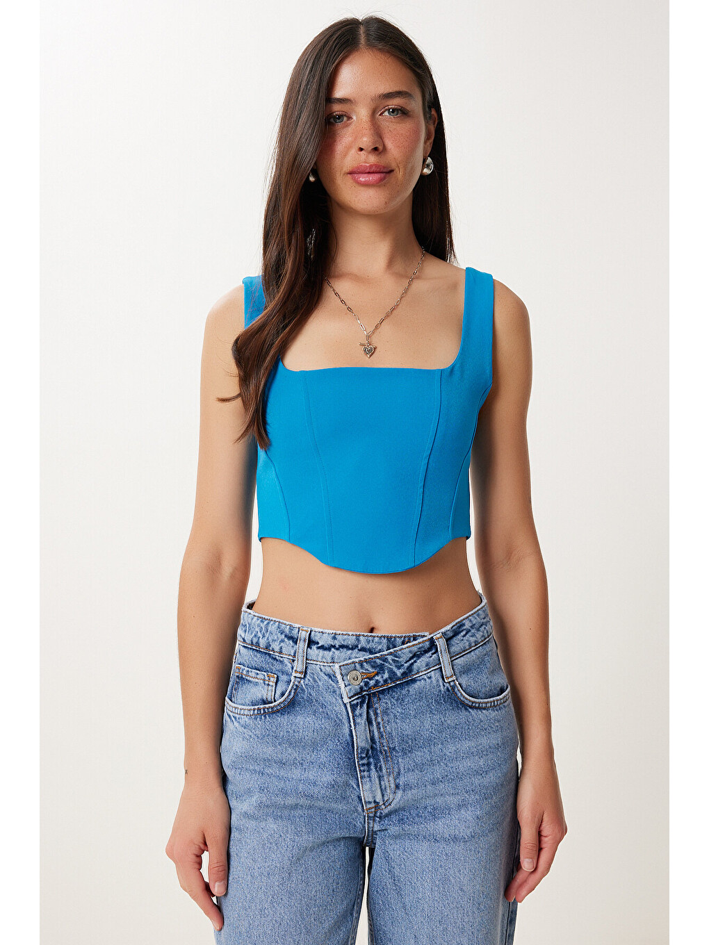 Mavi Askılı Crop Dokuma Bluz MAVİ LMX0096-1