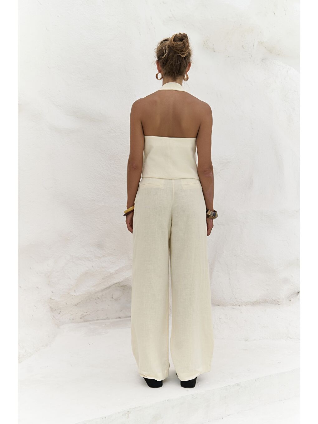 Dena Sırt Dekolteli Sarı Keten Yelek Pantolon Takım-3