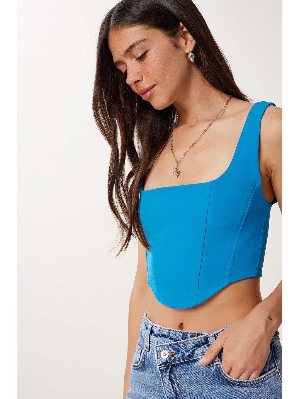 Mavi Askılı Crop Dokuma Bluz MAVİ LMX0096-2