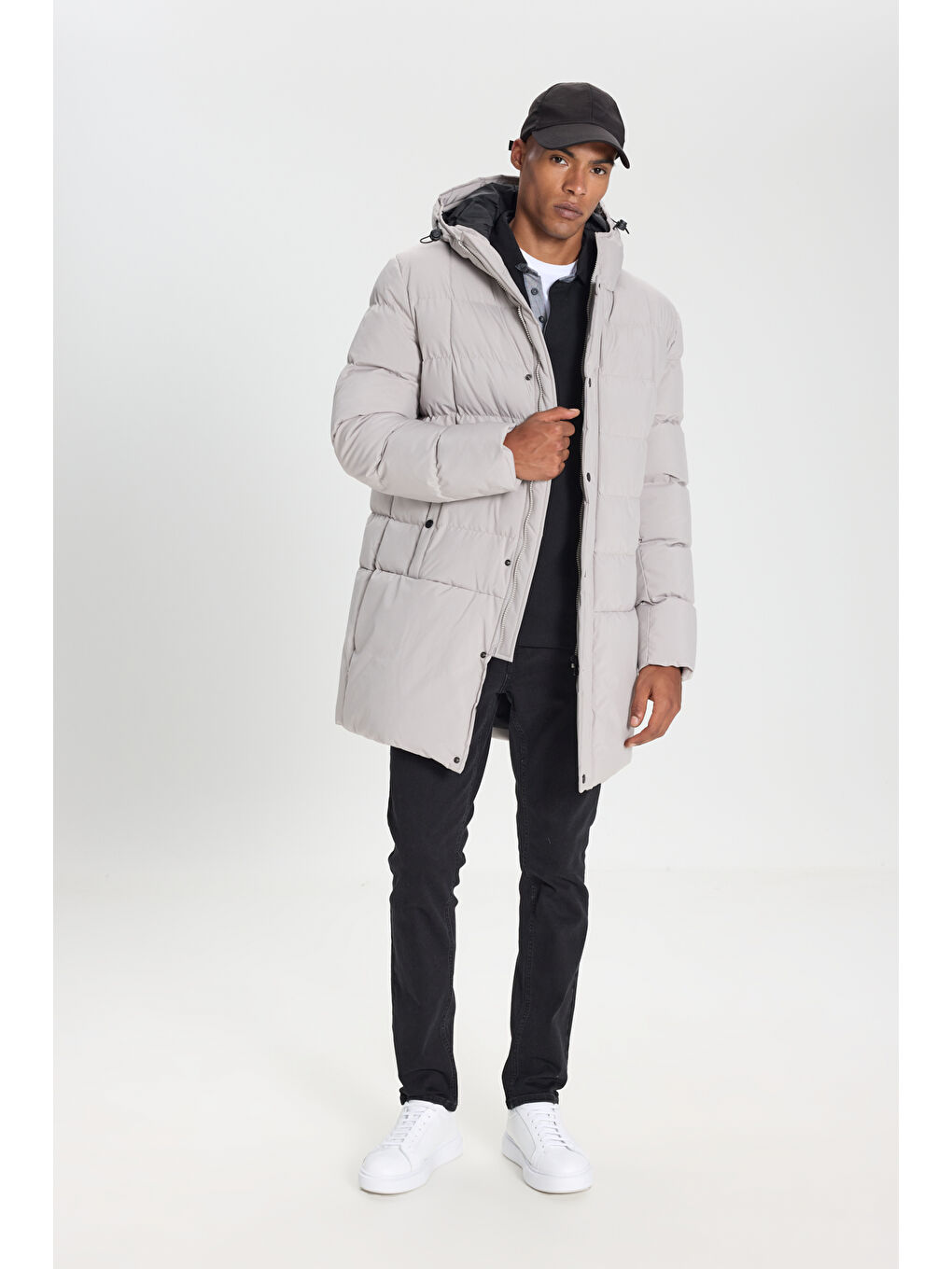 Bej Erkek Taş Standart Fit Normal Kesim Kapüşonlu Dik Yaka Yan Cepli Kaban-1