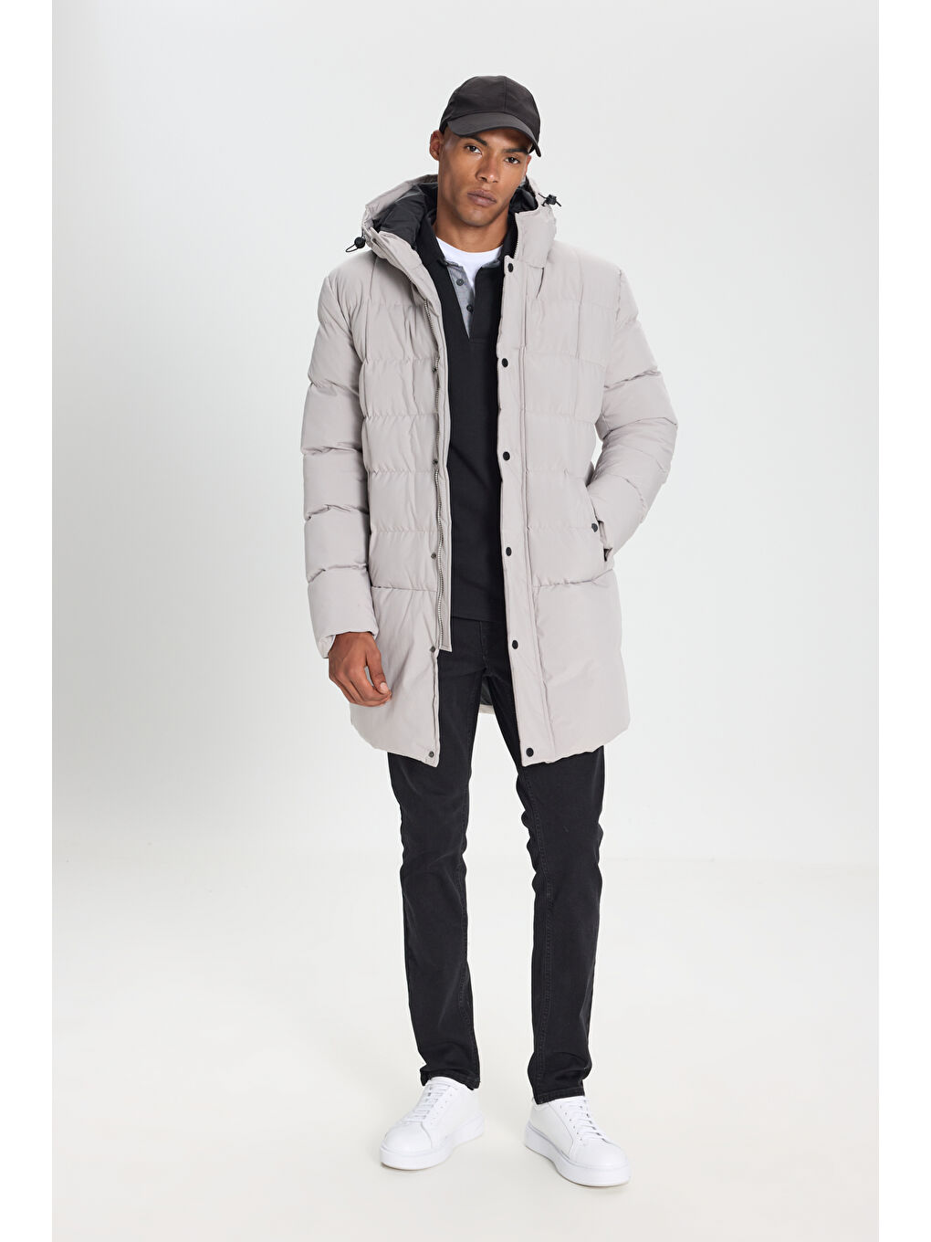 Bej Erkek Taş Standart Fit Normal Kesim Kapüşonlu Dik Yaka Yan Cepli Kaban-2