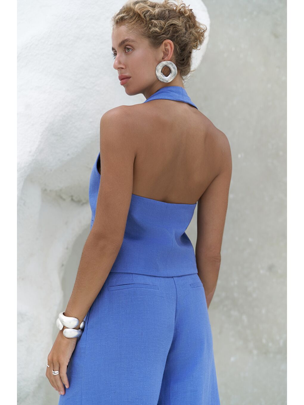 Dena Sırt Dekolteli Saks Mavi Keten Yelek Pantolon Takım-3