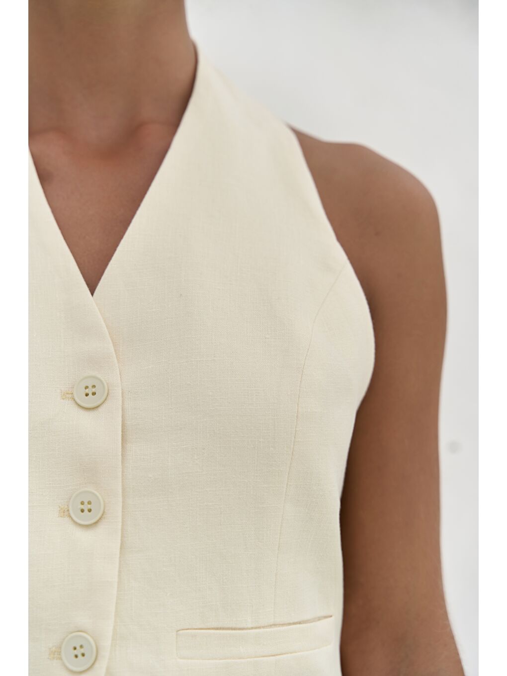 Dena Sırt Dekolteli Sarı Keten Yelek Pantolon Takım-5