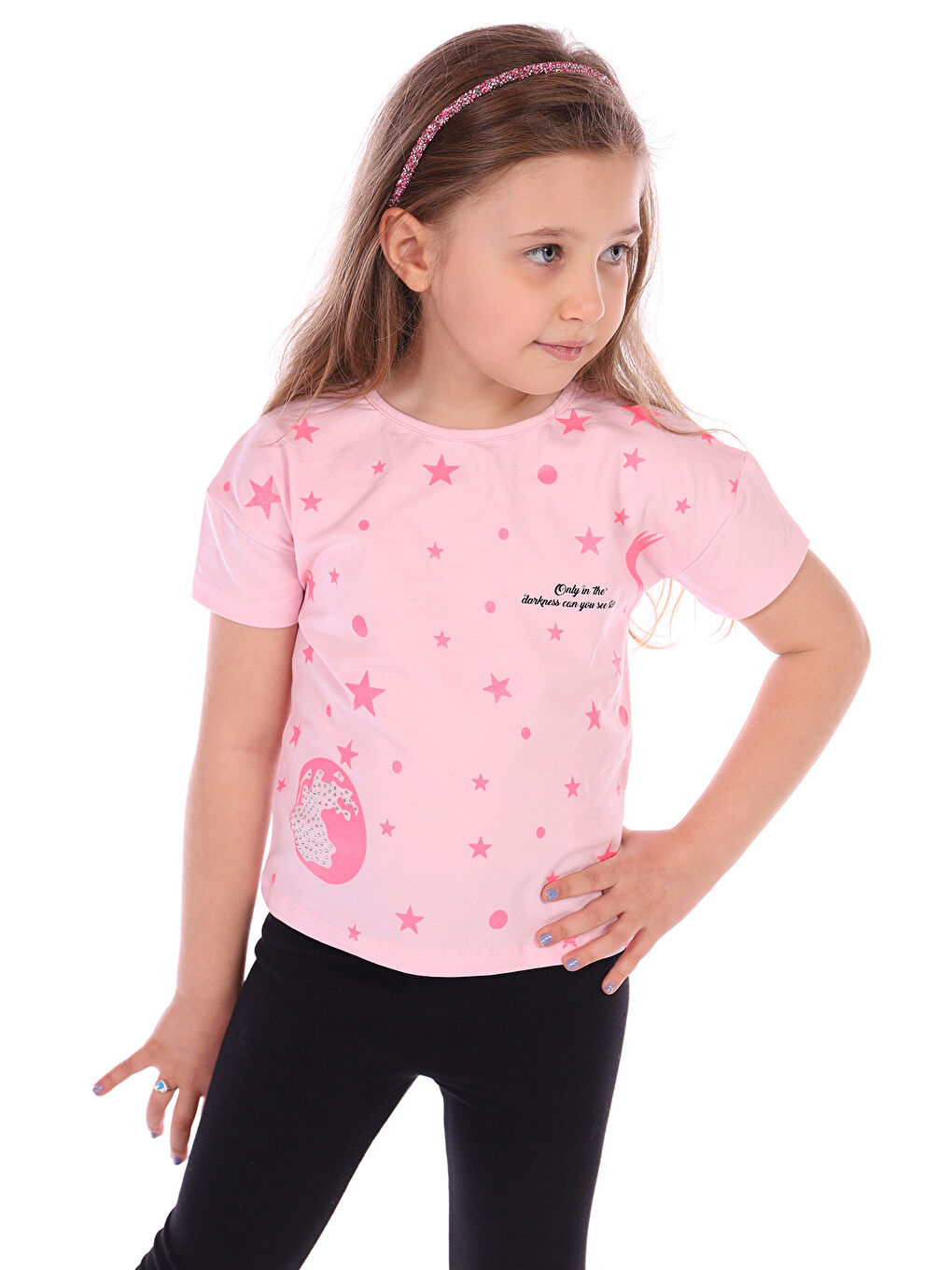 Pembe Kız Bebek Önü Simli Yıldız Baskılı Tişört