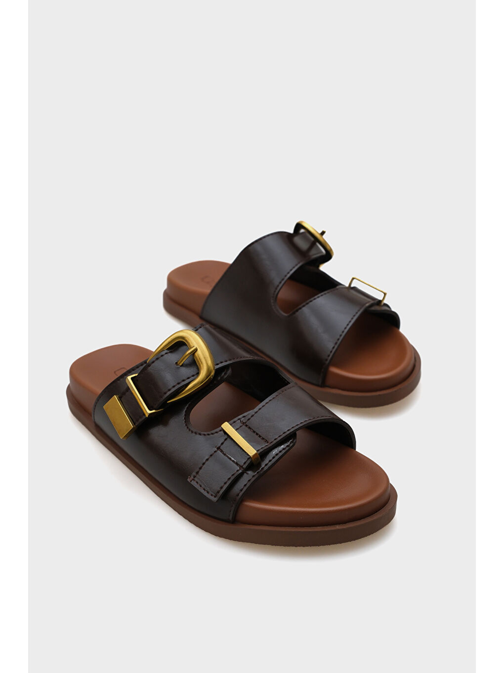 Kahverengi Maryl Çift Tokalı Kadın Konfor Terlik-1