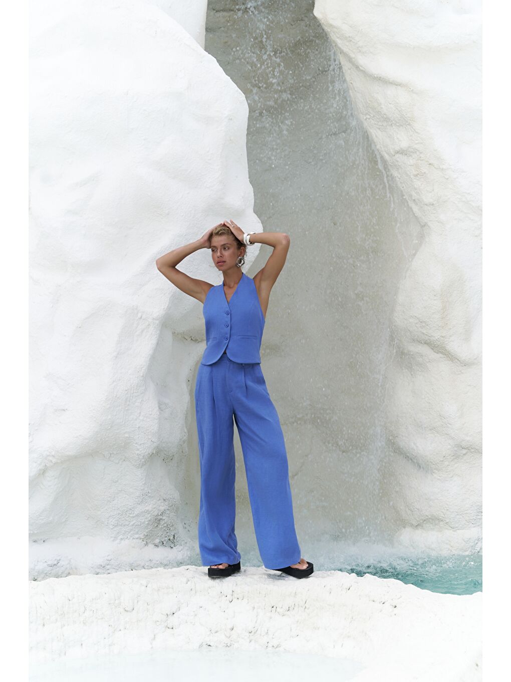 Dena Sırt Dekolteli Saks Mavi Keten Yelek Pantolon Takım-4