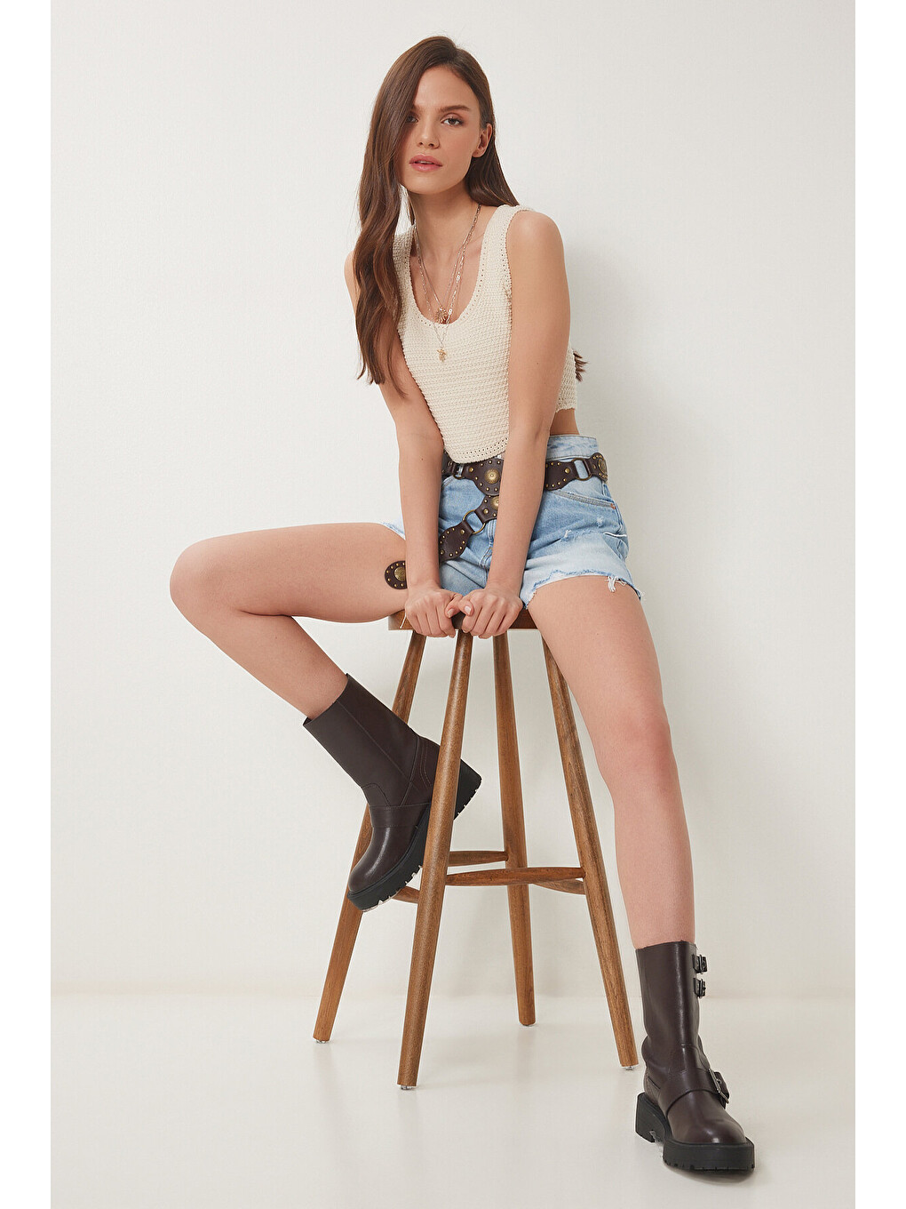 Ekru Yazlık Crop Triko Bluz KREM LNS0047-1