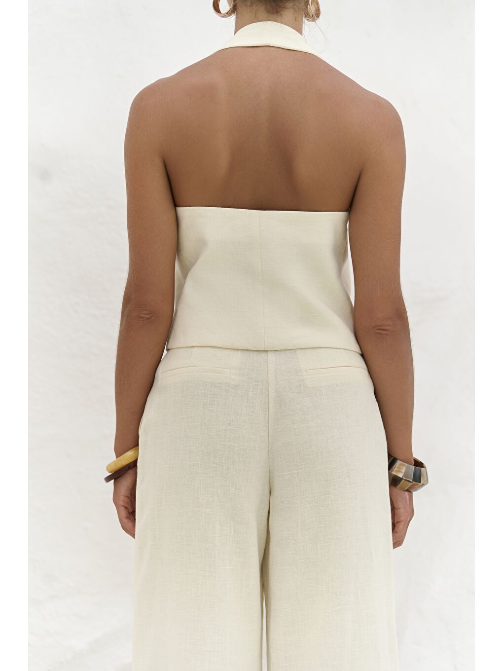 Dena Sırt Dekolteli Sarı Keten Yelek Pantolon Takım-7