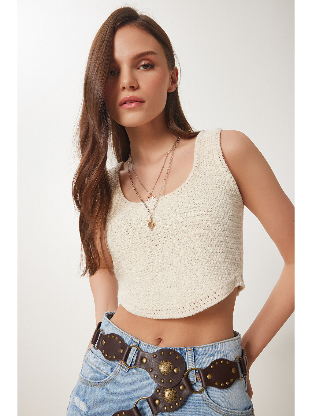 Ekru Yazlık Crop Triko Bluz KREM LNS0047-2