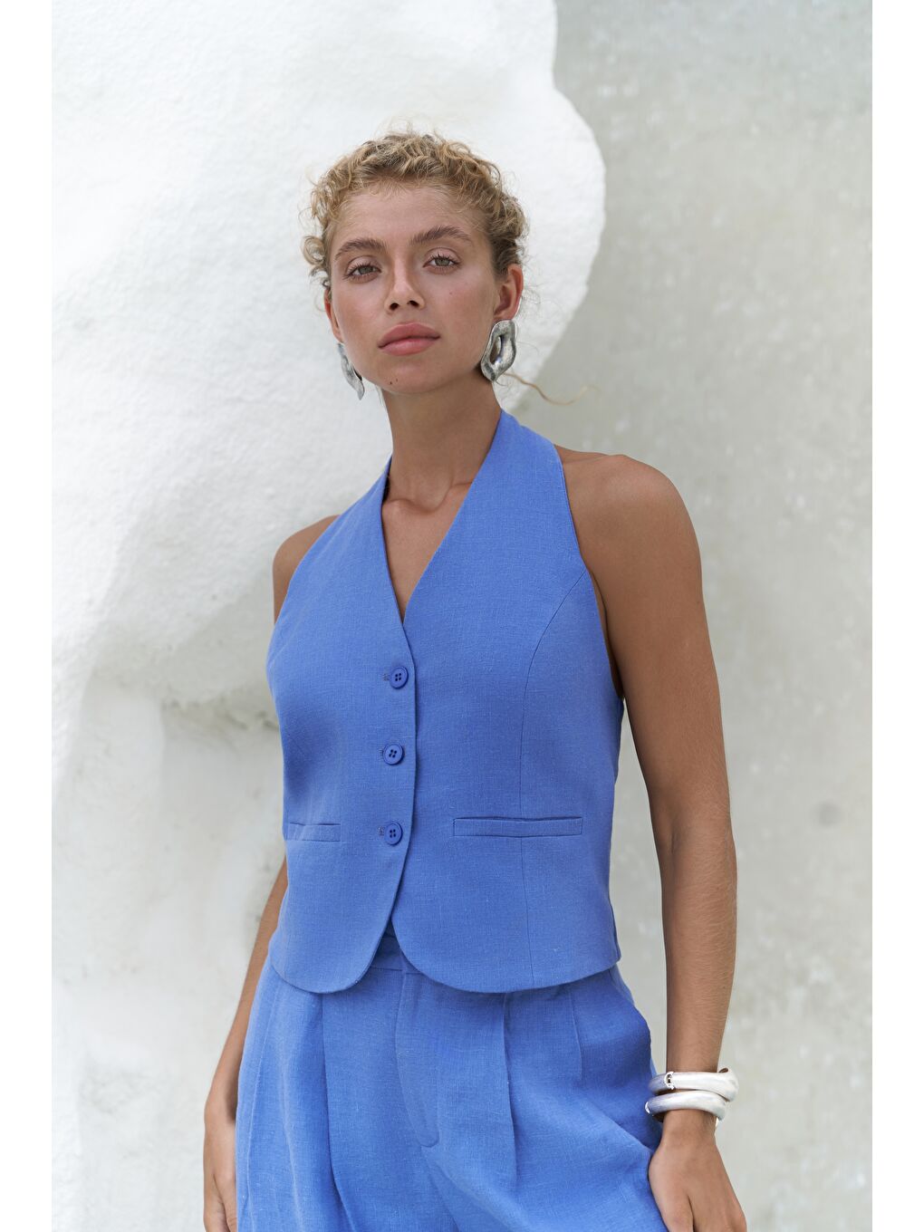 Dena Sırt Dekolteli Saks Mavi Keten Yelek Pantolon Takım-5