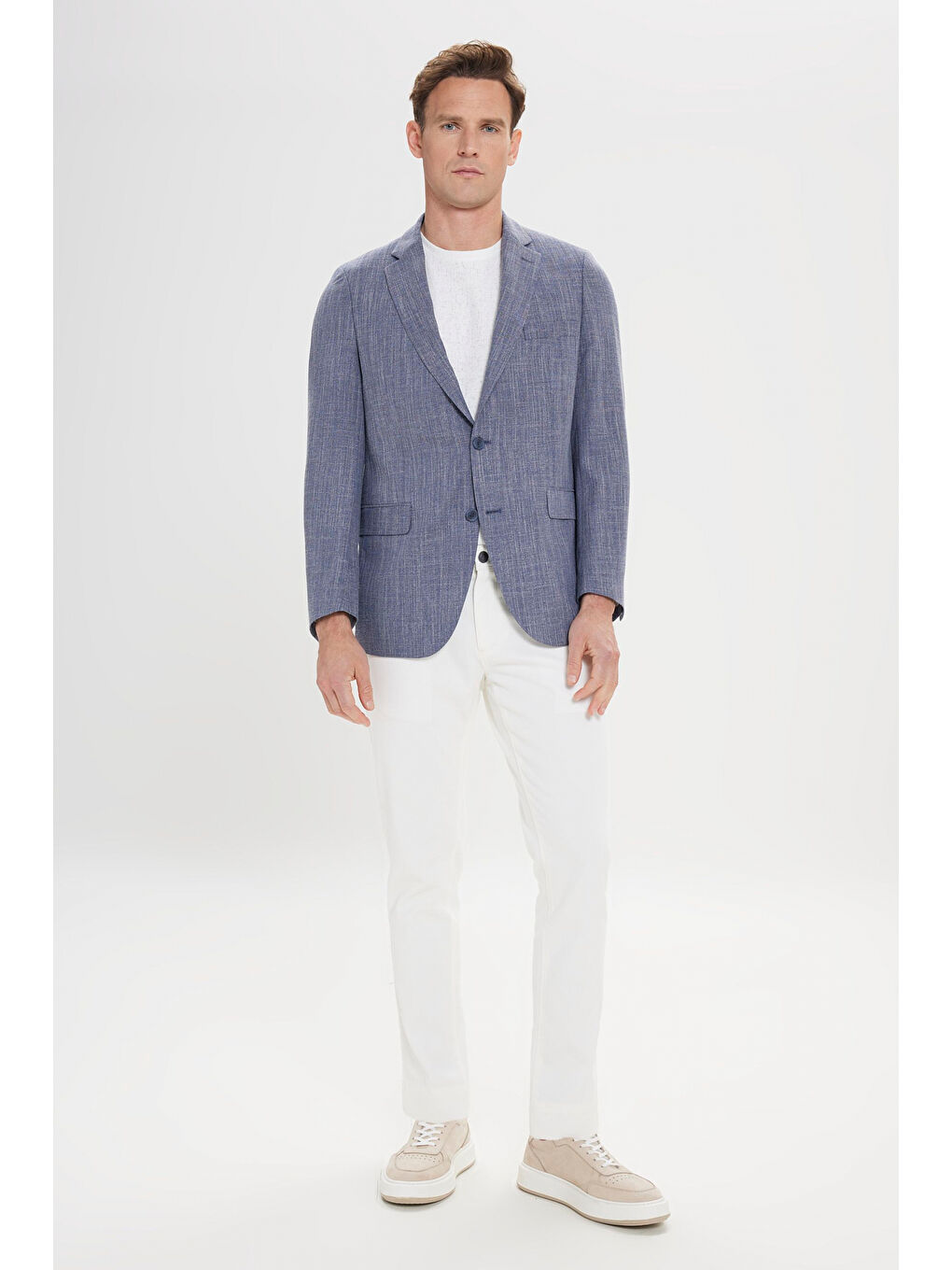 Erkek Lacivert Comfort Fit Rahat Kesim Mono Yaka Diagonal Desenli Blazer Ceket-1