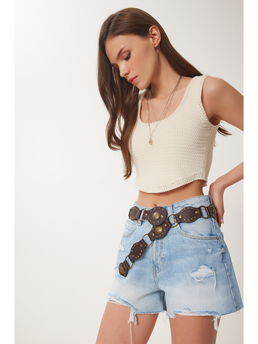 Ekru Yazlık Crop Triko Bluz KREM LNS0047-3