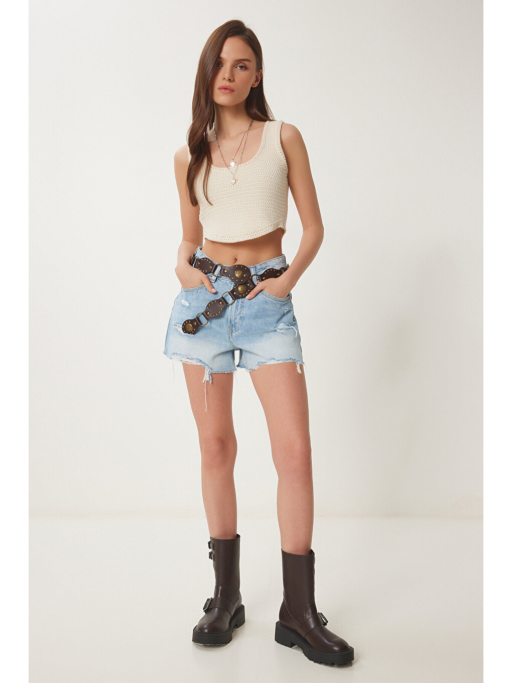 Ekru Yazlık Crop Triko Bluz KREM LNS0047-4