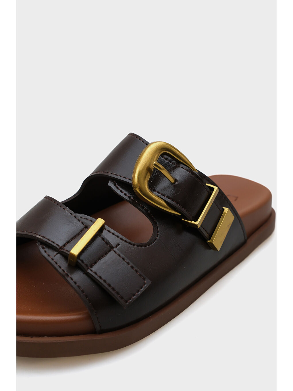 Kahverengi Maryl Çift Tokalı Kadın Konfor Terlik-4