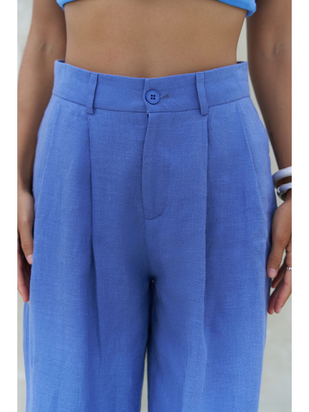 Dena Sırt Dekolteli Saks Mavi Keten Yelek Pantolon Takım-6