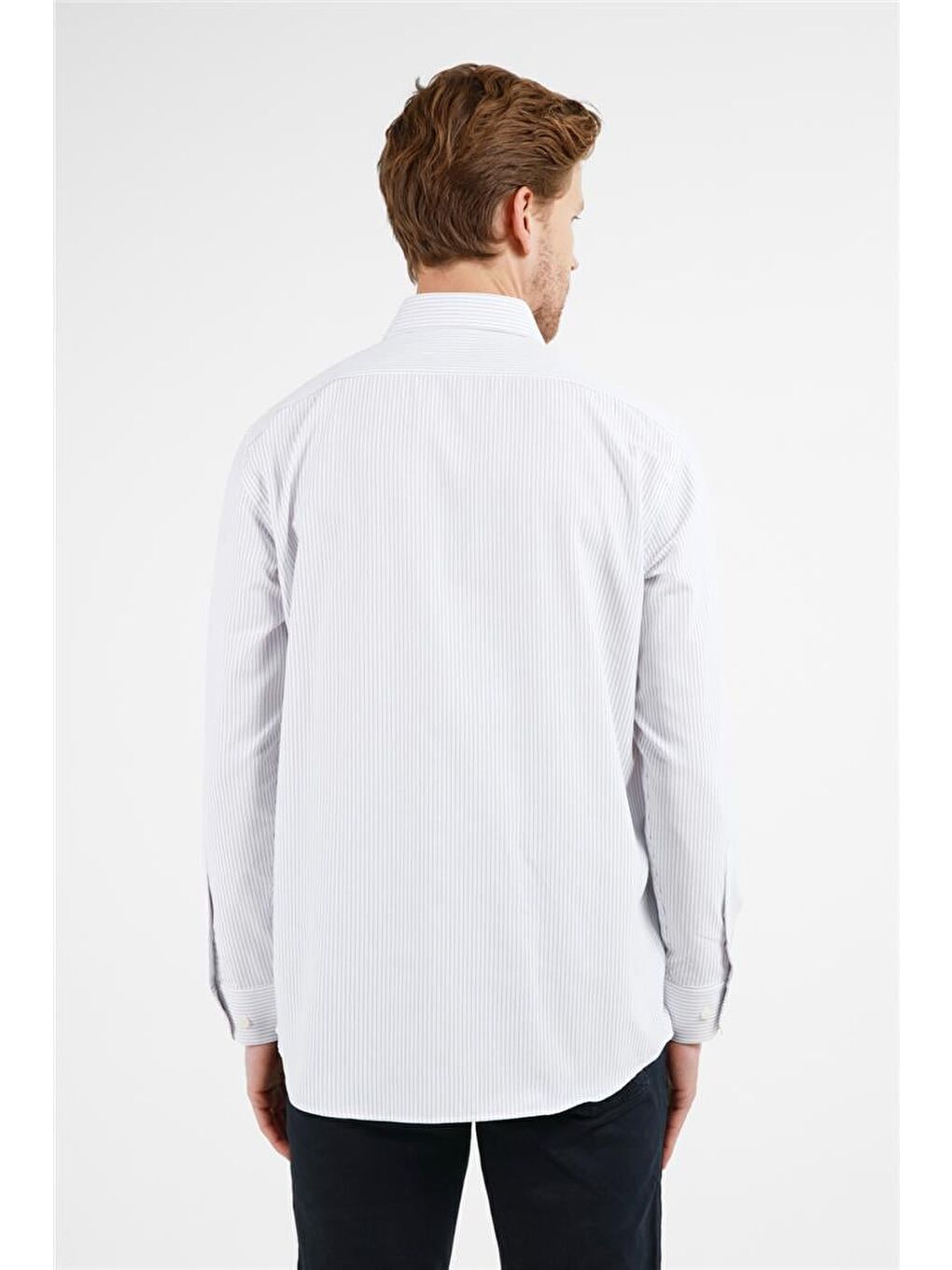 Beyaz - Lacivert Çizgili Desen Sert Yaka Uzun Kol Cepli Comfort Fit Pamuklu Gömlek 1004255208-4