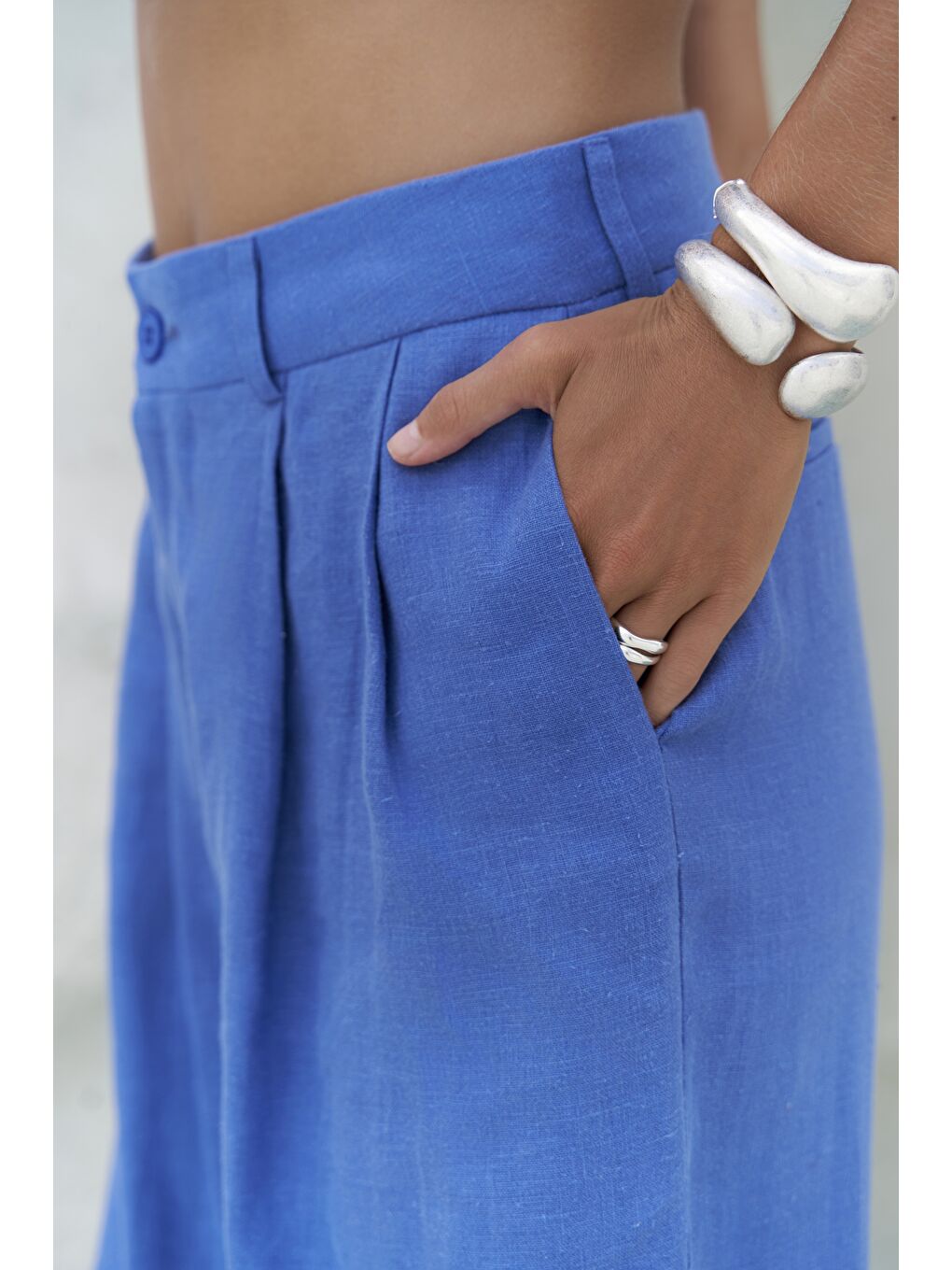 Dena Sırt Dekolteli Saks Mavi Keten Yelek Pantolon Takım-7