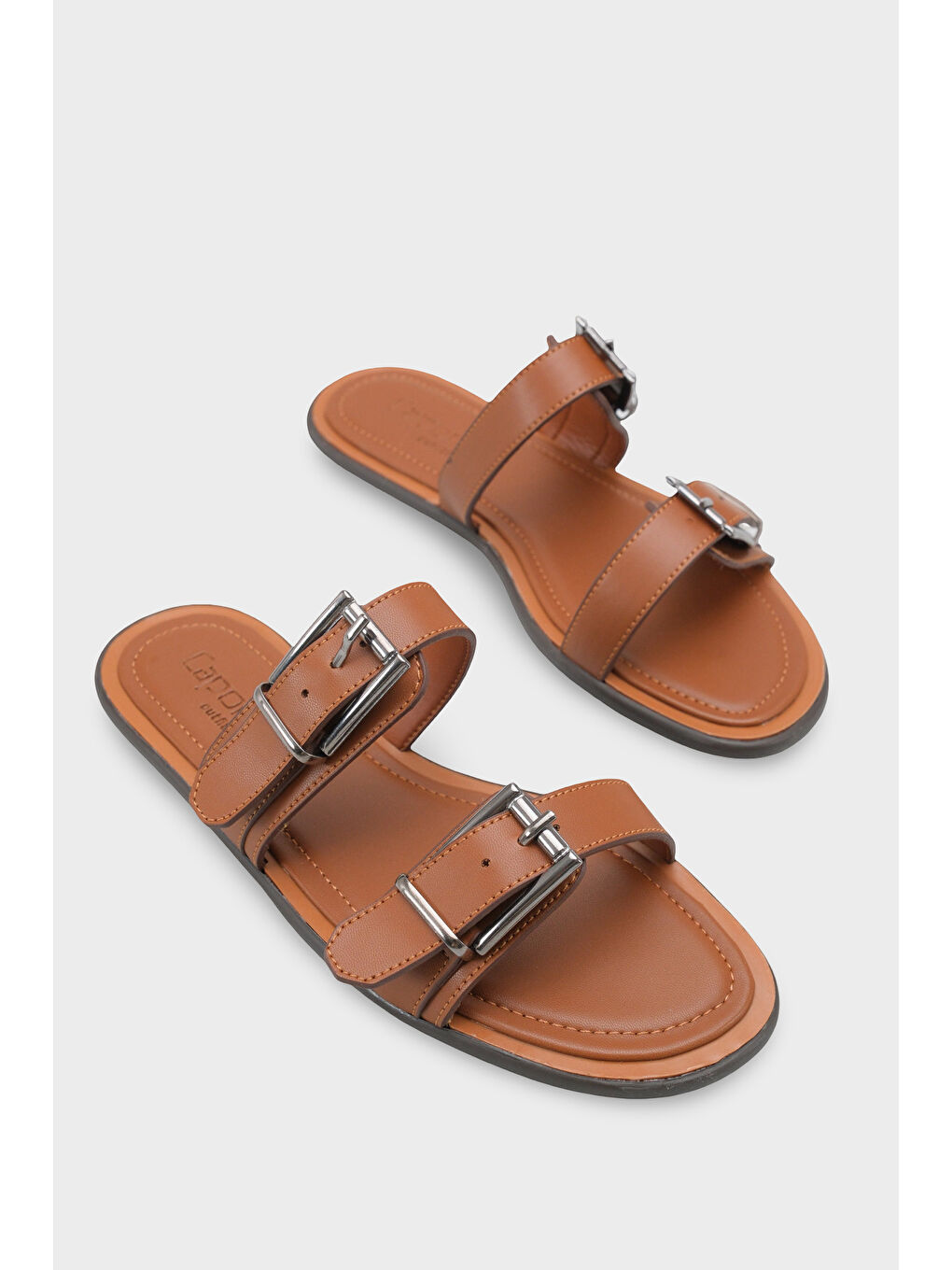 Kahverengi Madalyn Çift Tokalı Düz Topuklu Kadın Terlik Kadın Terlik-1