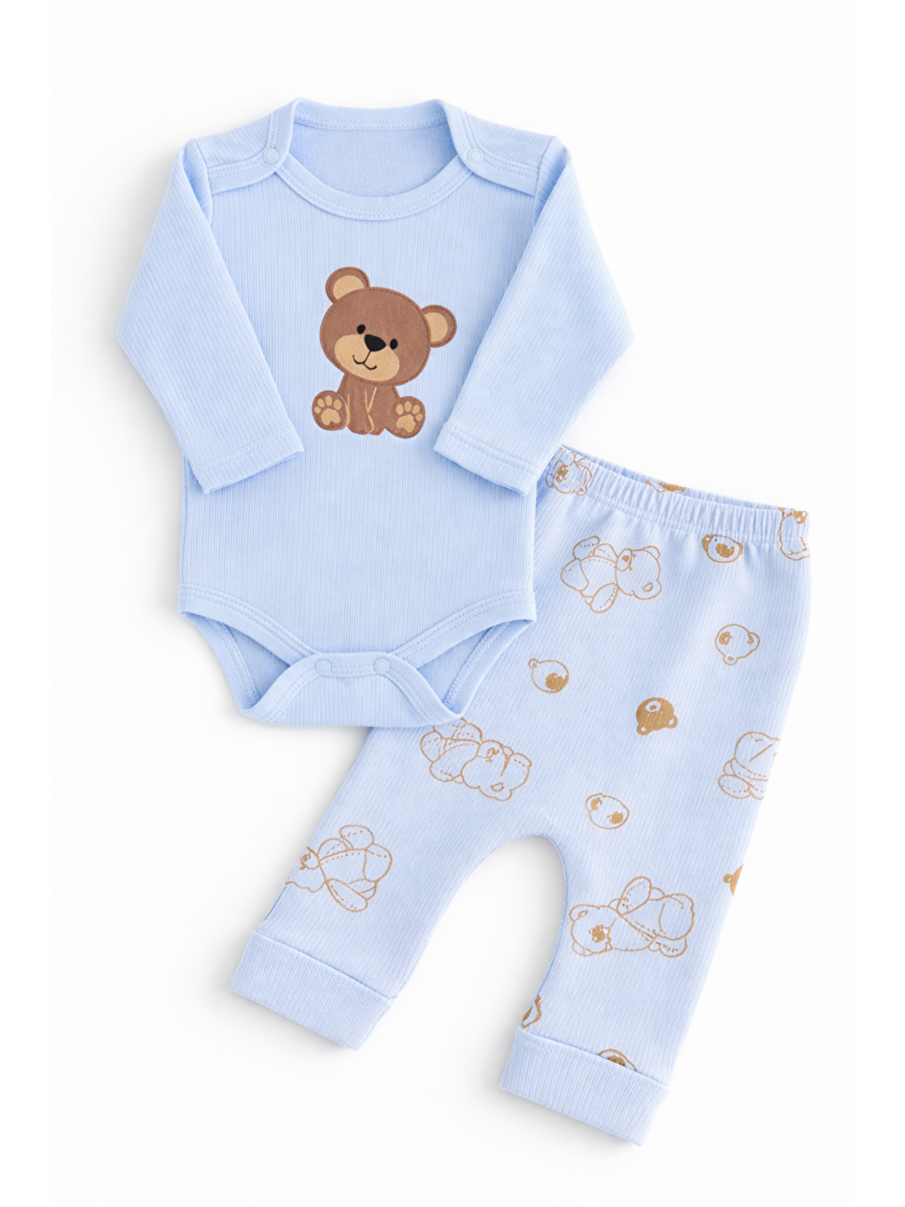 Mavi Erkek Bebek 2li Alt-Üst Takım Ayıcık Desenli Fitilli Pamuk Kumaş