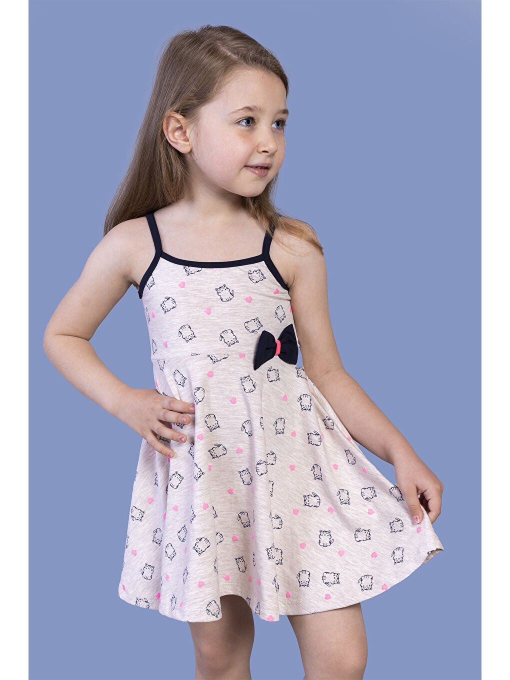 Bej Kız Çocuk Kedi Desenli Fiyonk Detaylı Volanlı Elbise-2