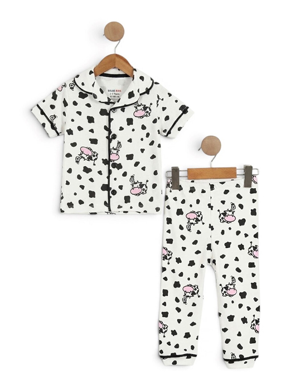 Beyaz Yazlık İnek Baskılı Kruvaze Yakalı 2-3-4-5-6 Yaş Gecelik Pijama Takımı-1