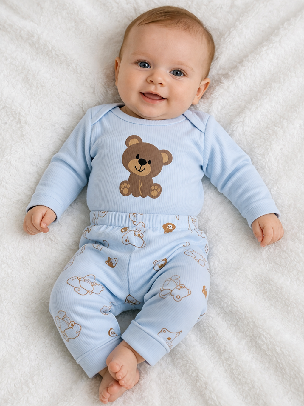Mavi Erkek Bebek 2li Alt-Üst Takım Ayıcık Desenli Fitilli Pamuk Kumaş-1
