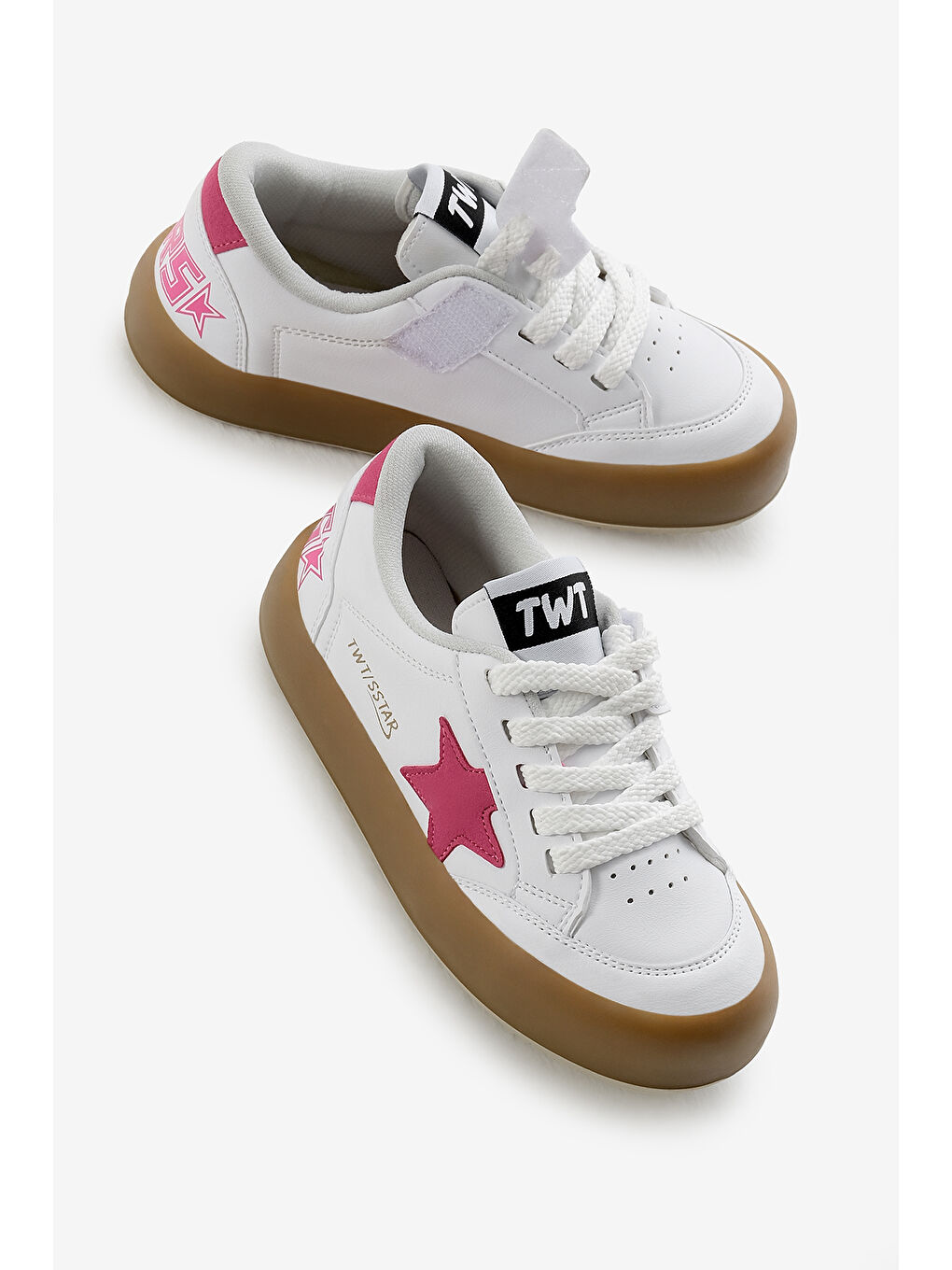 Çocuk Unisex Beyaz Fuşya Termo Taban Yıldız Detaylı Bağcıklı ve Cırtlı Spor Ayakkabı-2