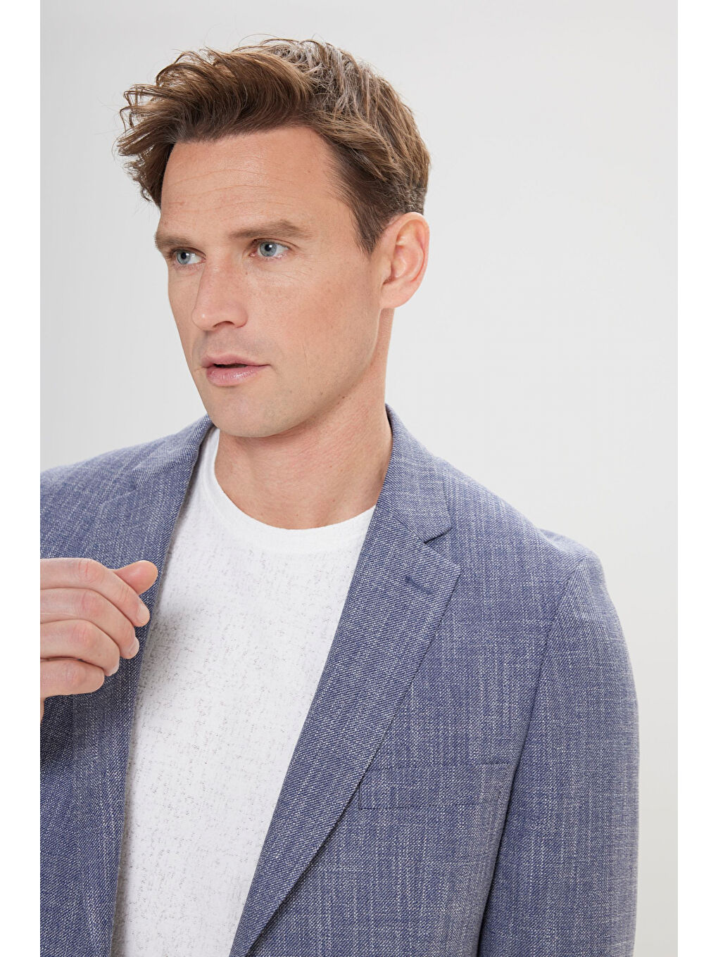 Erkek Lacivert Comfort Fit Rahat Kesim Mono Yaka Diagonal Desenli Blazer Ceket-3