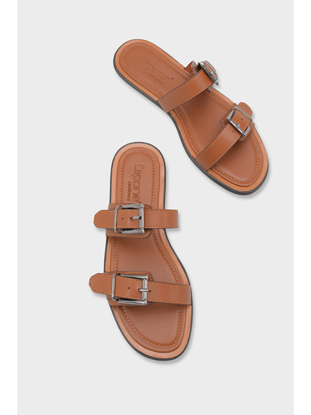 Kahverengi Madalyn Çift Tokalı Düz Topuklu Kadın Terlik Kadın Terlik-5