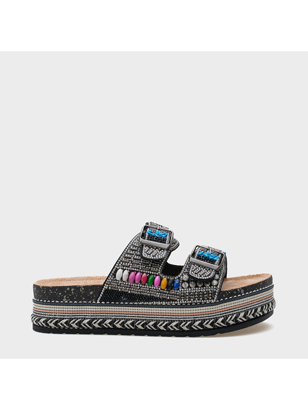 Siyah Alyson Taşlı Tokalı Düz Topuk Kadın Terlik