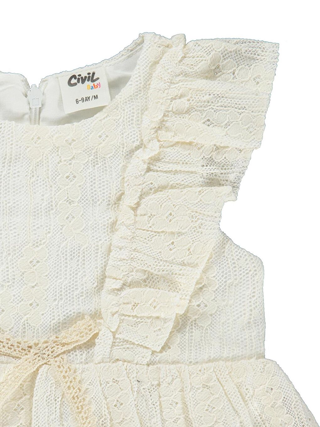 Baby Dantel Bel Fiyonklu 6-18 Ay Elbise - Ekru 9-12 Ay-1