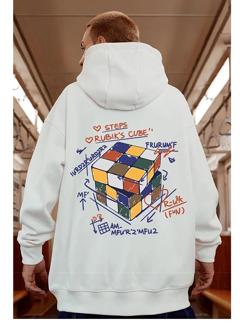 Touz Moda Beyaz Street Wear Rubik Küp Baskılı Oversize Unisex Ecru Kapşonlu Hoodie Sweatshirt