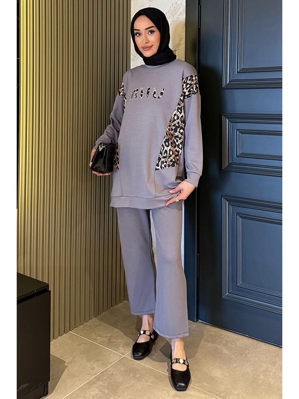 Gri Leopar Desenli Büyük Beden Tunik Pantolon Tesettür İkili Takım-3
