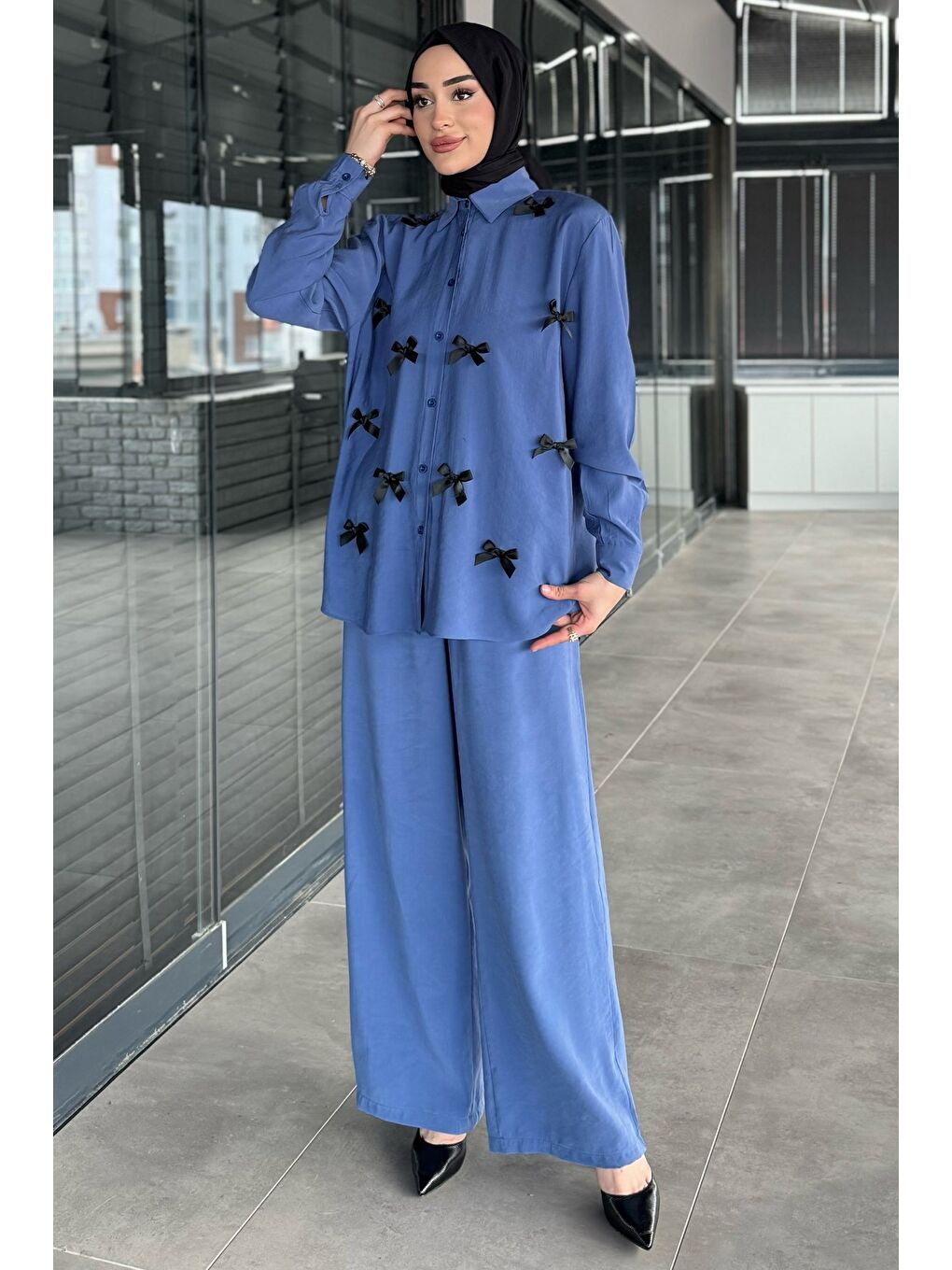 İndigo Kadın Fiyonk Detaylı Tesettür Gömlek Pantolon İkili Takım-2